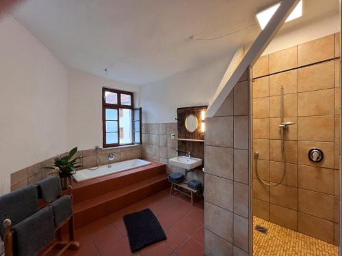 ein Badezimmer mit einer Badewanne und einem Waschbecken in der Unterkunft Ferienwohnung Unterm Schloß in Neustadt an der Weinstraße