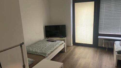 ein Wohnzimmer mit einem Flachbild-TV und 2 Fenstern in der Unterkunft Wohnung Thea in Hannover