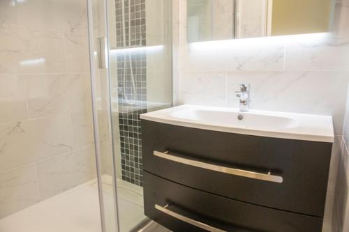 een badkamer met een wastafel en een douche bij Résidence les Fougères-Forêt de Fontainebleau in Avon