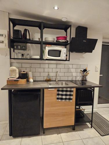 a kitchen with a sink and a microwave at Cabanon Mairyon in Mairy-sur-Marne