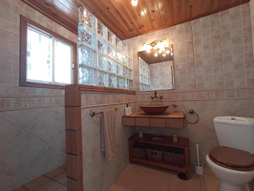 a bathroom with a sink and a toilet at Casa Rural La Yedra San Mateo in Arbejales