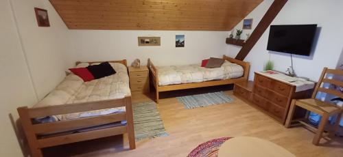 a small room with two beds and a tv at Halte au pied du Creux du Van in Travers