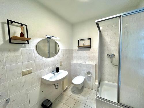 a bathroom with a toilet and a sink and a shower at Residenz am Sonnenhübel in Großschönau