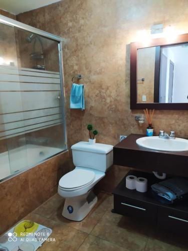 ein Bad mit einem WC, einer Dusche und einem Waschbecken in der Unterkunft SUITES NOA QUITO, LA CAROLINA.- in Quito