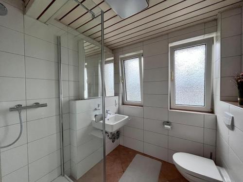 a bathroom with a shower and a sink and a toilet at Zimmer in gepflegter Wohnung - in der Nähe des Bahnhofs - 3 in Paderborn