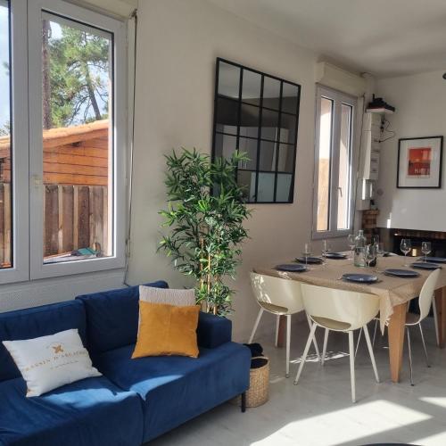 un salon avec un canapé bleu et une table dans l'établissement La cabane du Betey - Maison typique du bassin 150 m de la plage, à Andernos-les-Bains
