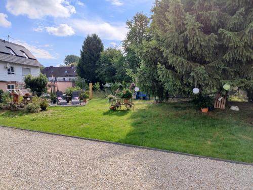 a yard with a house and a tree and grass at Landwohnung Max&Fritz in Schauenstein