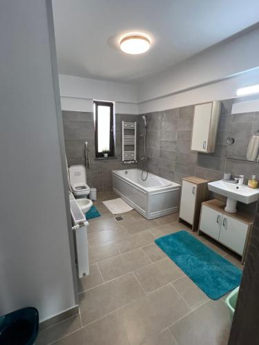a bathroom with a tub and a toilet and a sink at Casa Albert 3 in Iaşi