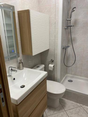 une salle de bain avec un lavabo, des toilettes et une douche dans l'établissement DEAUVILLE CHARMANT STUDIO VUE MER résidence en travaux, à Deauville