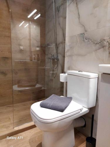 Square Apartments في تريكالا: حمام مع مرحاض ودش زجاجي