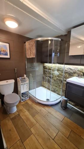 a bathroom with a shower and a toilet and a sink at Sea-Quinn Views in Wallasey