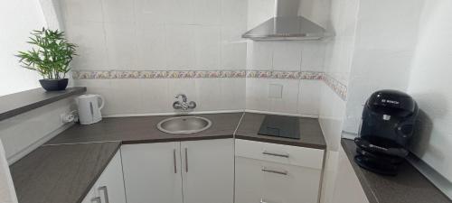 mała biała kuchnia ze zlewem i telefonem w obiekcie Estudio-La Colina-Torremolinos-Playa w mieście Torremolinos