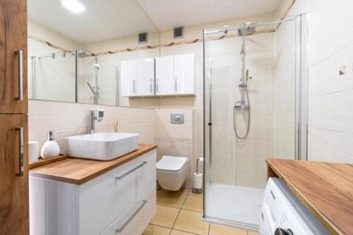 a bathroom with a shower and a sink and a toilet at Apartament Centrum III in Bydgoszcz