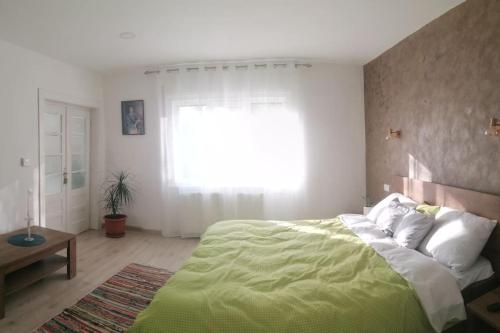 a bedroom with a green bed and a window at Casa cu trandafiri in Baia Mare