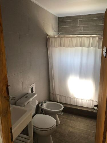 a bathroom with a white toilet and a sink at casa quinta caballito blanco in Chascomús