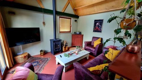 a living room with purple furniture and a tv at Wellness op'e Klaai in Holwerd