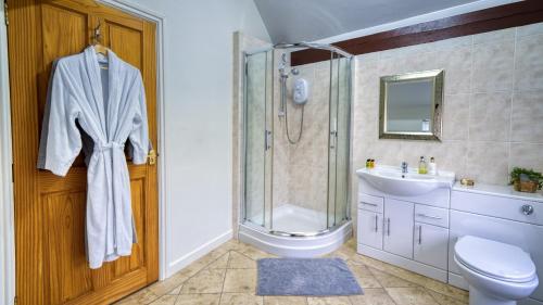 a bathroom with a shower and a toilet and a sink at Rowrah Hall - The Old Hayloft in Frizington