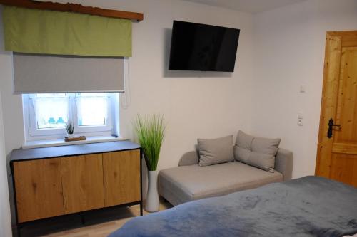 ein Schlafzimmer mit einem Bett, einem Sofa und einem TV in der Unterkunft Wein & Wohnen MATZL - Ferienwohnung in Fürstenfeld