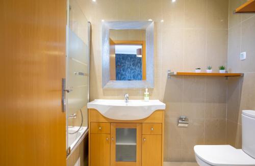 La salle de bains est pourvue d'un lavabo, de toilettes et d'un miroir. dans l'établissement Villa Catarina, à Albufeira