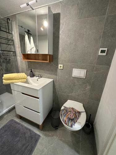 a bathroom with a sink and a toilet and a mirror at Studio Reichenstrasse in Quedlinburg
