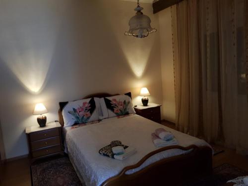 una camera con un letto con due comodini e due lampade di Tanias House a Siátista