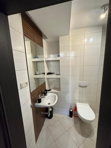 a bathroom with a sink and a toilet at Apartamenty Ostryga Łeba in Łeba