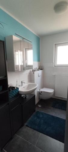 a bathroom with a sink and a toilet and a mirror at FeWo Küste in Nordenham