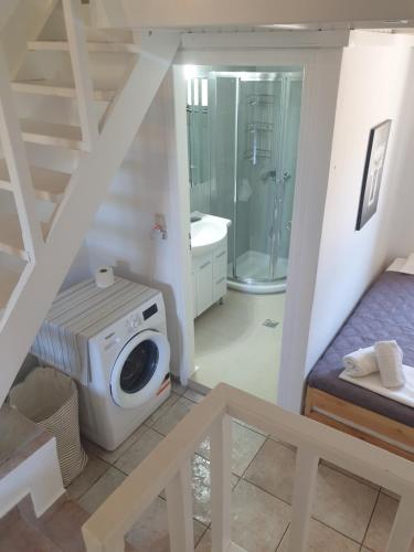 uma casa de banho com um chuveiro e uma máquina de lavar roupa em Aeolus pool apts em Palekastron