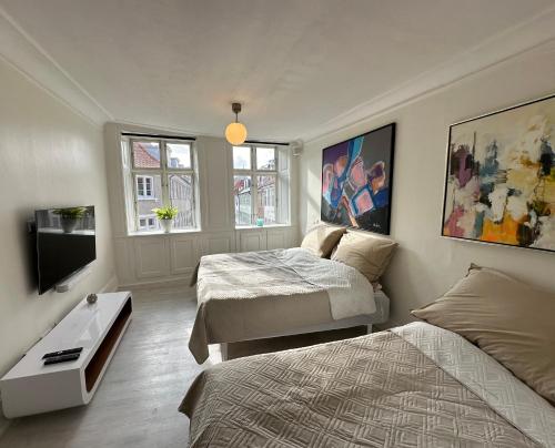 a bedroom with two beds and a flat screen tv at Central, Historical, Unique & Modern Apartment CPH in Copenhagen
