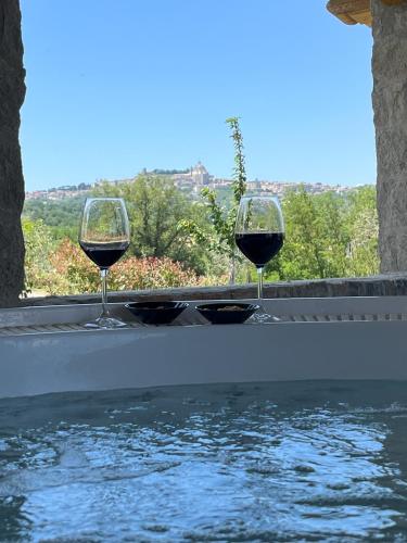 two glasses of wine sitting next to a swimming pool at Villa Paladini in Montefiascone