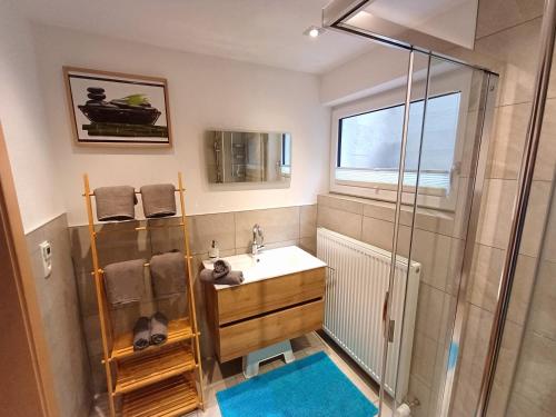 a bathroom with a sink and a shower at Apartment Marina in Wenns