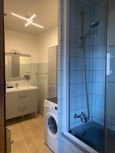 une salle de bain avec une machine à laver et un lave-linge dans l'établissement Appartement Leforest Centre 50m2, à Leforest