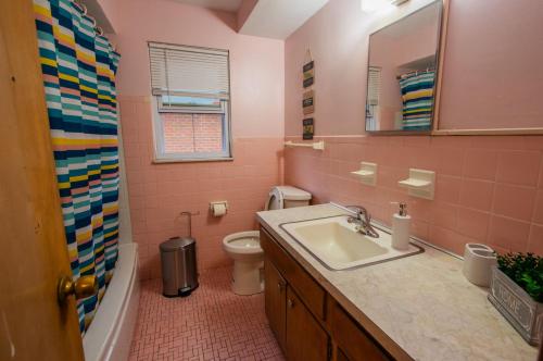 ein Badezimmer mit einem Waschbecken, einem WC und einem Spiegel in der Unterkunft Cozy 2 Beds in Cleveland Heights