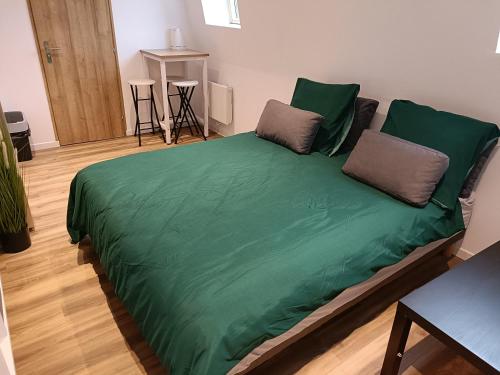 a green bed with two pillows on top of it at Studio confortable style in Roubaix