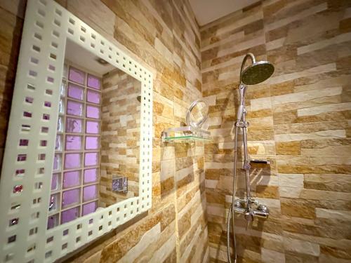 La salle de bains est pourvue d'une douche et d'un miroir. dans l'établissement Casa Rural Los Pinos, à Valmuel