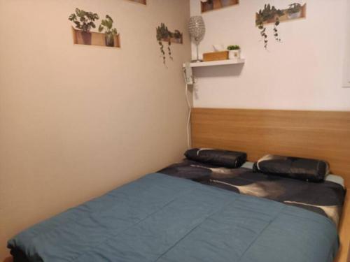 um quarto com uma cama com duas almofadas pretas em Kedge 9 - proche centre, tram & universités em Talence