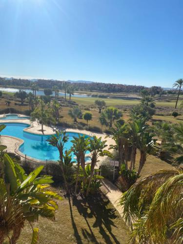 een luchtzicht op een zwembad van het resort met palmbomen bij Casa Paradise, Apartment in Torre-Pacheco