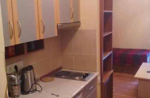 a small kitchen with a stove and some cabinets at axis in Kʼumlistsʼikhe