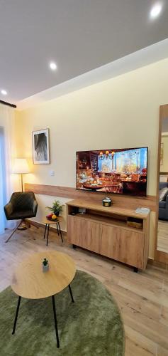 a living room with a large flat screen tv on a wall at Studio apartmani Anika in Vrdnik