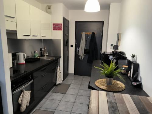 a kitchen with a black counter and a sink at Appartement entier in Aime-La Plagne