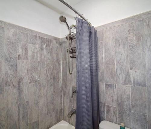 a bathroom with a shower with a blue shower curtain at Tuk Ahoy - Indigo Suite (3A) with Shared Spaces in Brooklyn