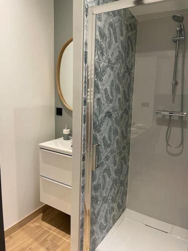 une salle de bain avec une douche avec un lavabo et des toilettes dans l'établissement Moderne et calme en hyper centre, à Aix-les-Bains