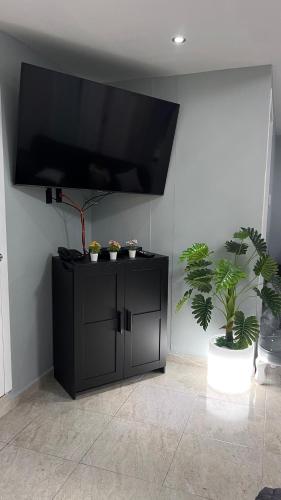 a black entertainment center with a flat screen tv on a wall at Private Penthouse / Penthouse Privado in Mexico City