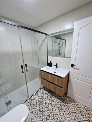 a bathroom with a shower and a sink and a toilet at APARTAMENTO V27 in Baeza