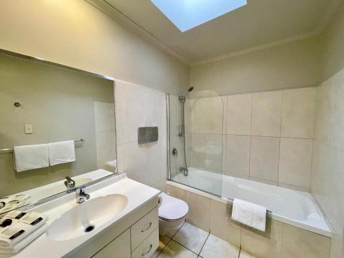 La salle de bains est pourvue d'un lavabo, de toilettes et d'une douche. dans l'établissement Hobson's Choice Motel, à Dargaville