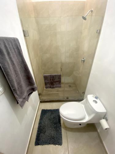 a small bathroom with a toilet and a shower at Casa familiar en condominio privado cerca de playa in Cancún