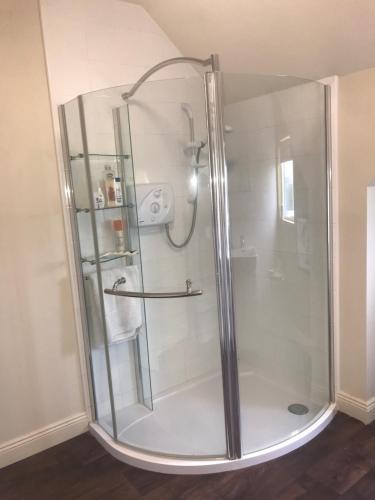 a shower with a glass door in a bathroom at Burton Hall - Pauline in Carlow