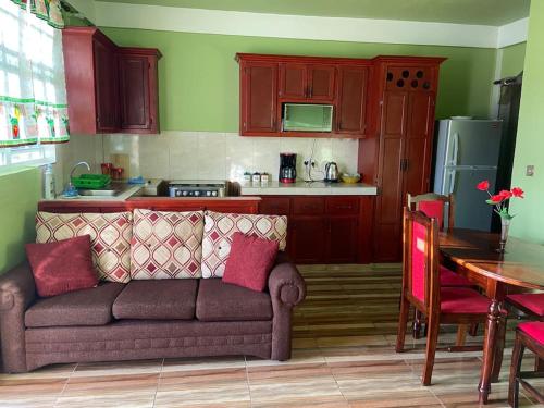 a living room with a couch and a table and a kitchen at Dangleben’s Apartment in Pointe Michel