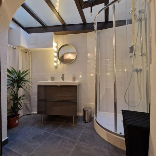 une salle de bain avec douche et lavabo dans l'établissement Vieille-Ville de Nice 2 pièces proche Mer, à Nice