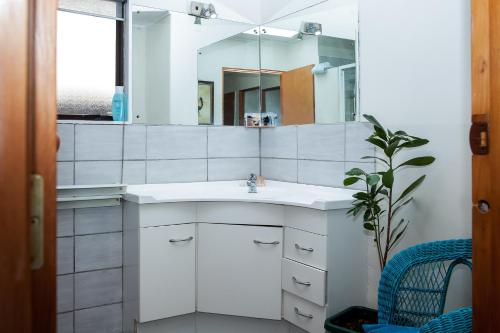 a bathroom with a sink and a mirror at Denby Crest in Whangarei